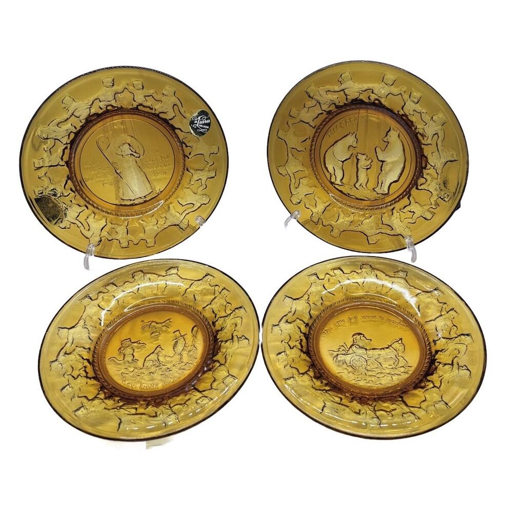Tiara Indiana Glass Amber Nursery Rhyme Plates Set of 4 Mint Condition Vintage